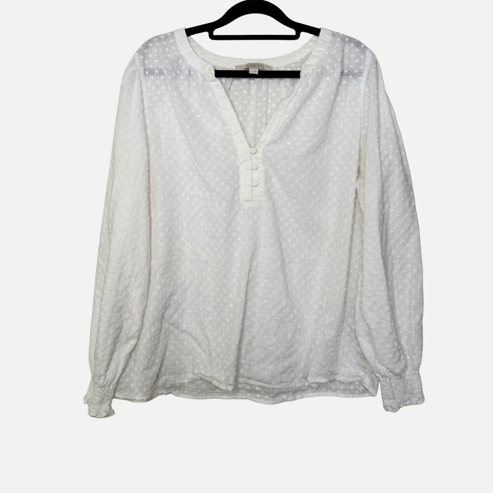 LOFT White Swiss Dot Button-Front Blouse Long Sleeve Women's Size Large